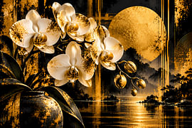 Orchidées blanches en noir et or | Composition florale luxueuse avec un soleil doré | Affiche au format paysage sur ButterflyPix