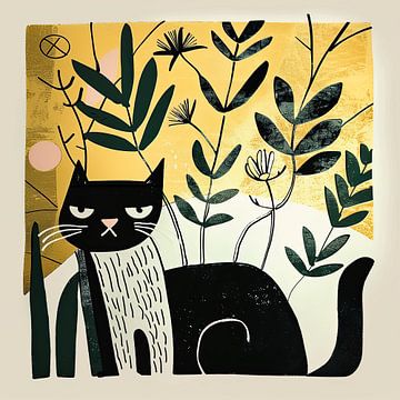 Moderne Kattenkunst: Zwarte Kat met Abstracte Planten van Vlindertuin Art