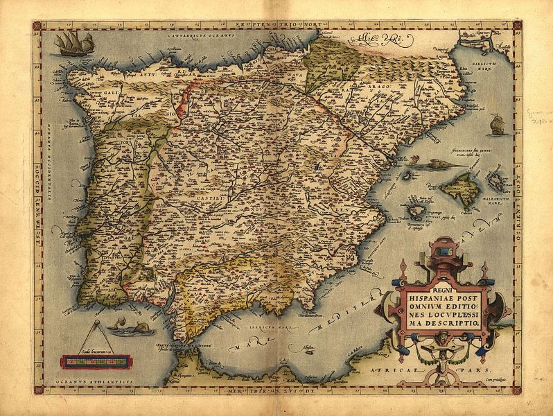 Antique Map of Spain, by Abraham Ortelius, circa 1570 by Dreamy Faces