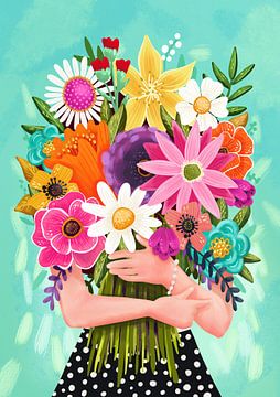 Femme tenant un bouquet de fleurs coloré sur Aniet Illustration