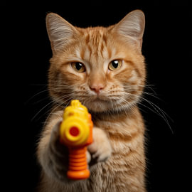 Chat orange avec un pistolet à eau sur TheXclusive Art