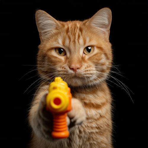 Oranje kat met waterpistool