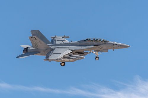 Een Boeing EA-18G Growler van VAQ-140 "Patriots" staat op het punt te gaan landen op Nelli