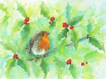Robin in a holly bush by Karen Kaspar