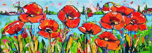 Cheerful poppies with windmills