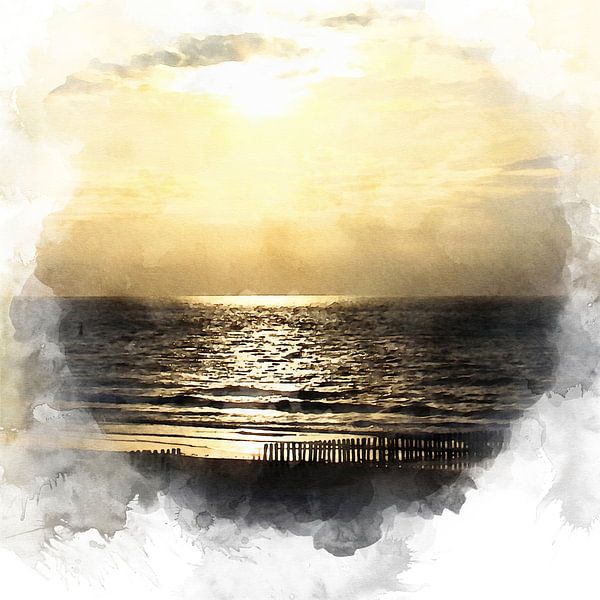 Watercolour image of sunset on the coast of Zeeland by Danny de Klerk