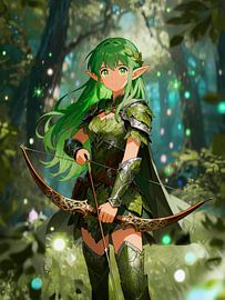 ANIME Waldelfen-Bogenschütze – Smaragdgrüne Blattrüstung Mythischer Waldwächter