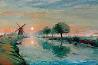 Bomen langs de waterkant met molen bij zonsondergang