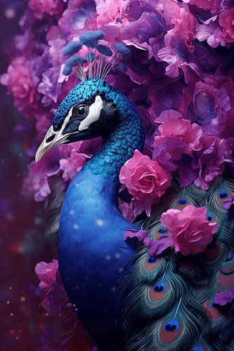 Close up van blauwe pauw met paarse bloemen