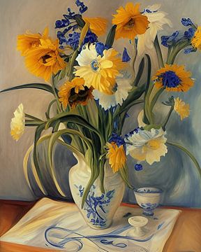 Fleurs jaunes et iris bleus dans un vase de Delft