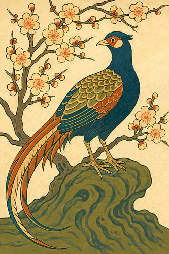 Pheasant near flowering plum tree (Japanese art, Shin-Bijutsukai, elegant, stylish, blossom)