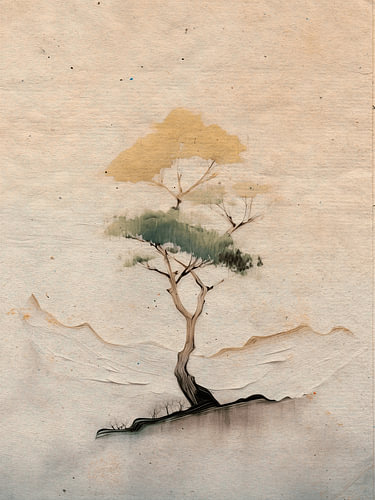 Zen landschap. Minimalistische boom in Japandi stijl