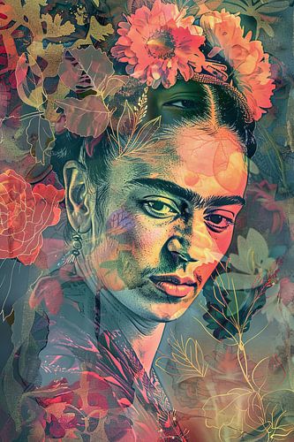 Frida's bloemenmetamorfose - Sensueel portret in levendige bloemenpracht