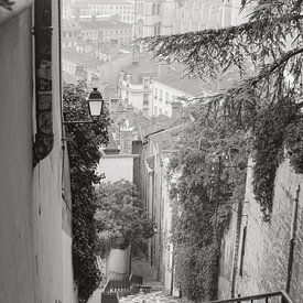 Lyon in Schwarz-Weiß - Treppen und Stadtansicht von Carolina Reina