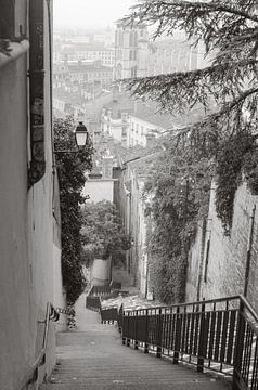 Lyon in Schwarz-Weiß - Treppen und Stadtansicht von Carolina Reina