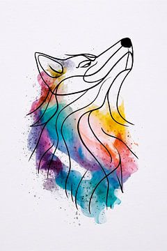 Kleurrijke abstracte wolf in aquarel van De Muurdecoratie