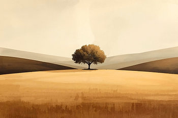 A solitary tree in a gentle hilly landscape – a minimalist landscape painting in warm earth tones