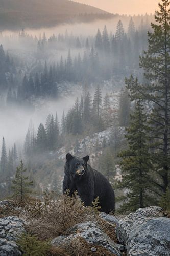 Ours noir dans un paysage montagneux brumeux – Photographie animalière d'art