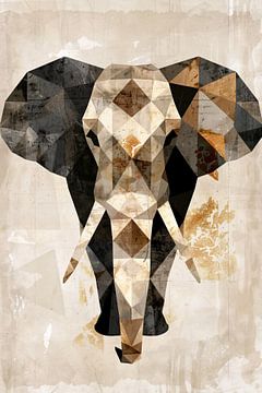 Éléphant géométrique sépia en art abstrait sur De Muurdecoratie