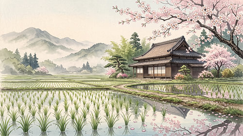 Spring Serenity Beside Japanese Rice Fields