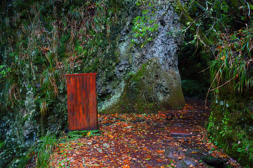 Rood hokje en grijze rotsen in Madeira
