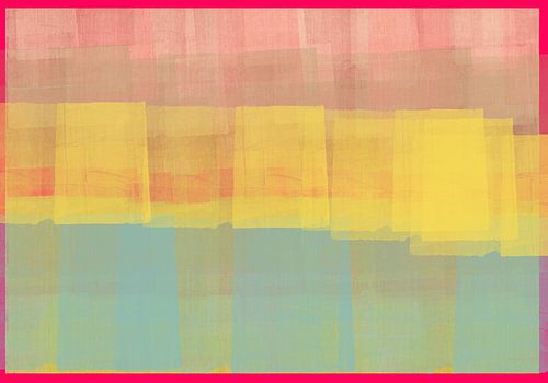 Abstract in geel, neonroze en lichtblauw.