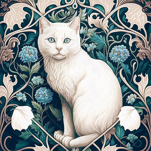 Witte kat in planten en bloemen patroon