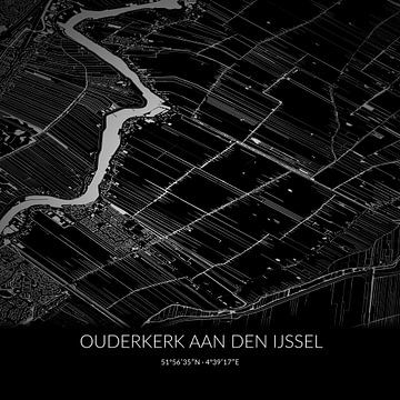 Black-and-white map of Ouderkerk aan den IJssel, South Holland. by Rezona