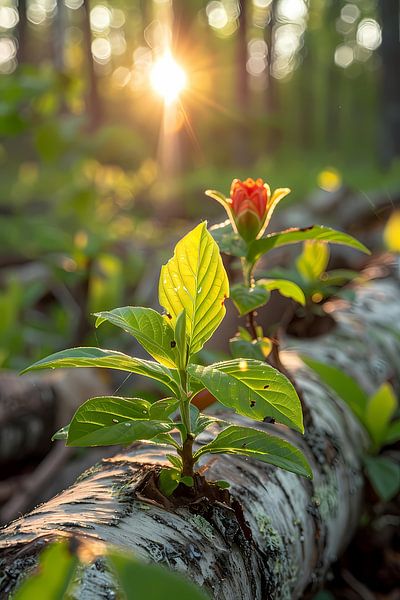 Plant groeit uit boomstam in zonlicht van Art & Soul Creations