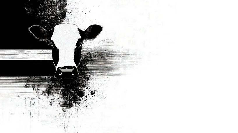 Stylised cow in front of an abstract background by Frank Heinz
