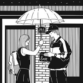 Schwarz-Weiß-Abbildung eines Kuriers, der einer Frau mit Regenschirm ein Paket übergibt. von riz_studio