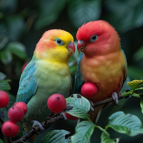Un couple d'inséparables perché sur une branche moussue, baigné de soleil
