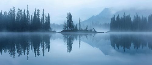 Tranquil foggy lakeside landscape