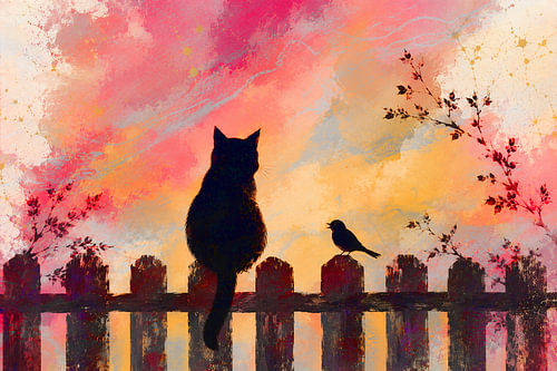Un chat et un oiseau au coucher du soleil sur Claudia Gründler