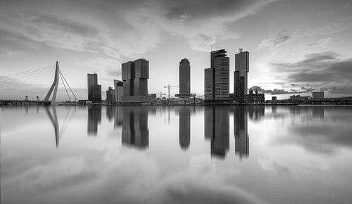 skyline of rotterdam at sunrise in black and white