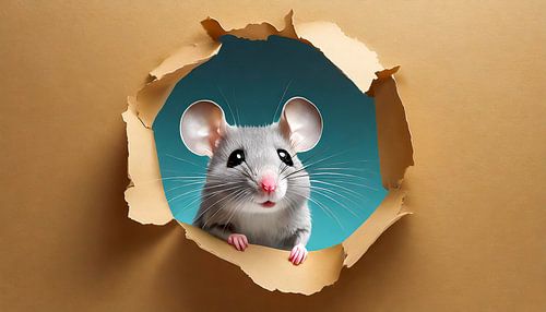 Mouse looks into a torn hole on the paper side, isolated