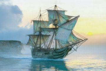 Schilderij van een  zeilschip bij zonsondergang, vintage, blauw  van Peter Pen tekeningen en schilderijen