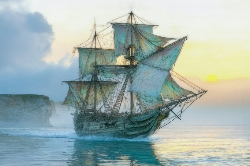 Schiff bei Sonnenuntergang – Geheimnisvolles Gemälde von Peter Pen Zeichnungen und Gemälde
