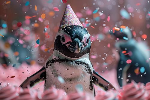 Drôle de pingouin avec chapeau de fête fête anniversaire