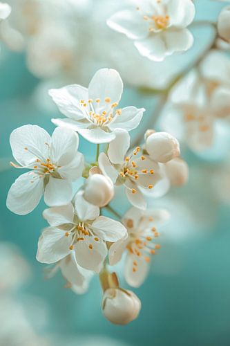 Fleurs blanches sur fond bleu
