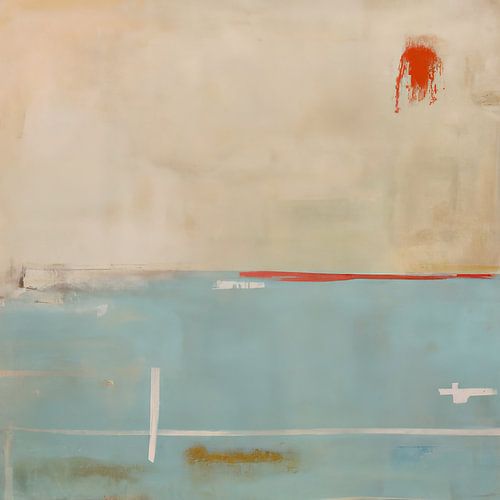 Abstraktes Gemälde in hauptsächlich Weiß und Hellblau