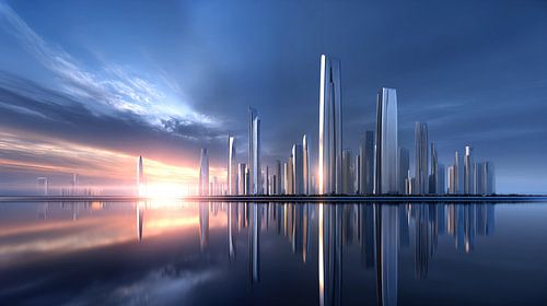 Skyline bij zonsondergang