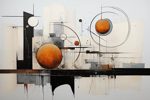 Abstract olieverfschilderij in zwart, grijs en geel