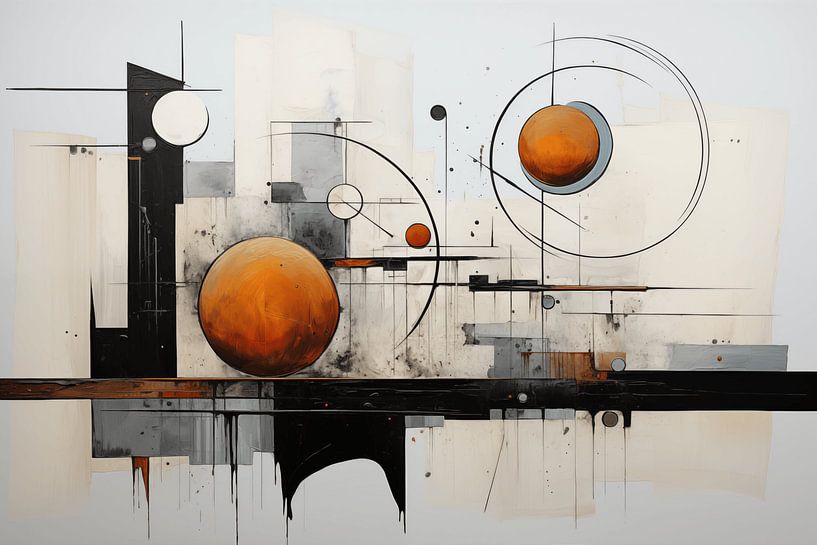 Peinture à l'huile abstraite en noir, gris et jaune par Ton Kuijpers