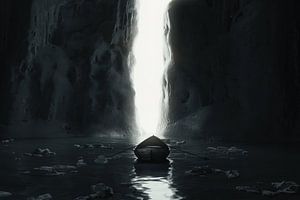 Single boat in front of gigantic ice walls and gap in the middle by Besa Art