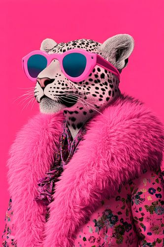 Luipaard in een roze outfit met zonnebril