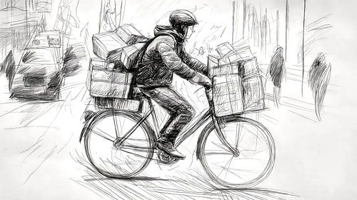 Fietskoerier met grote pakketten