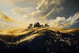 Oblong Painting Horizontal | Painting Black Gold | Large Canvas Painting by AiArtLand