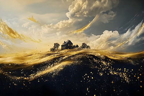 Oblong Painting Horizontal | Painting Black Gold | Large Canvas Painting