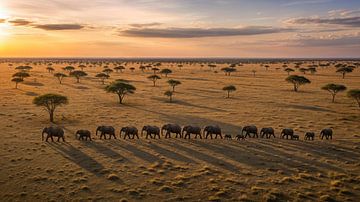 Olifanten lopen over de Afrikaanse savanne bij zonsondergang van Markus Gann